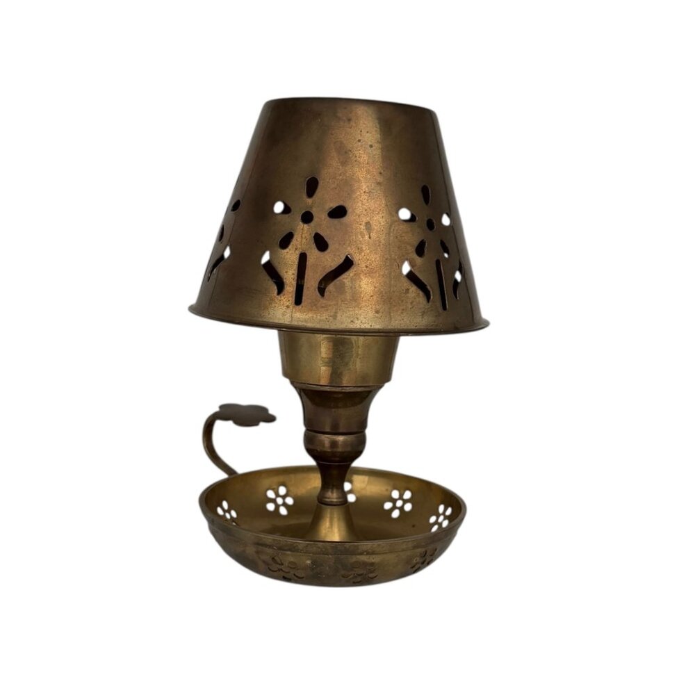 Vintage Brass Chamberstick Finger Candle Holder Floral Pierced Shade‎